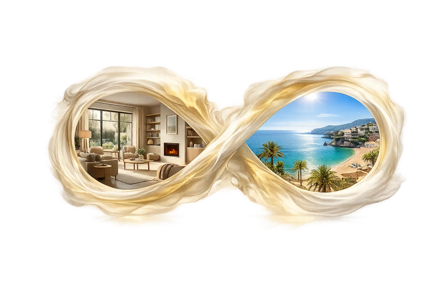 Registro di nozze con due scene: casa e mare, unite da un nastro a forma di infinito.